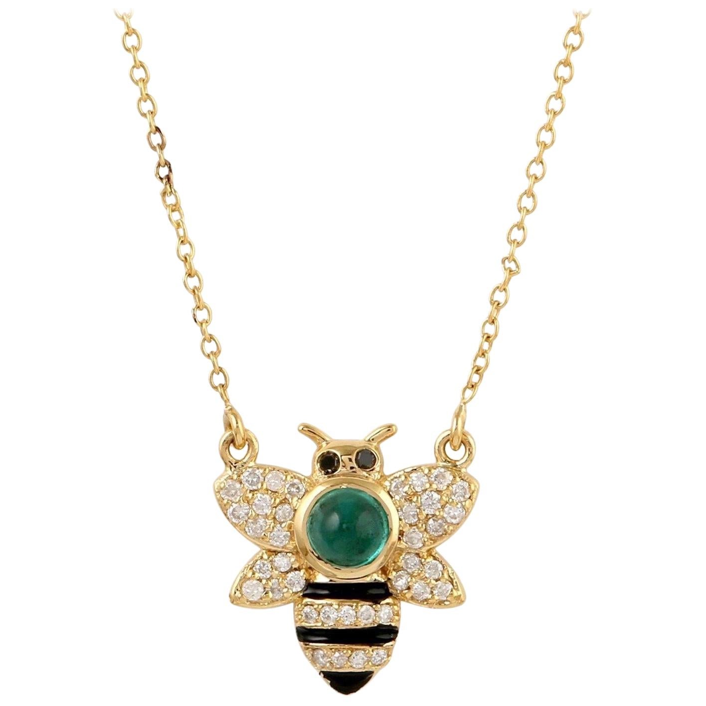 Enamel Emerald Diamond 18 Karat Gold Bumble Bee Pendant Necklace For Sale