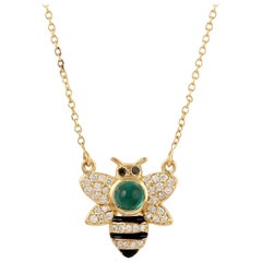 Enamel Emerald Diamond 18 Karat Gold Bumble Bee Pendant Necklace