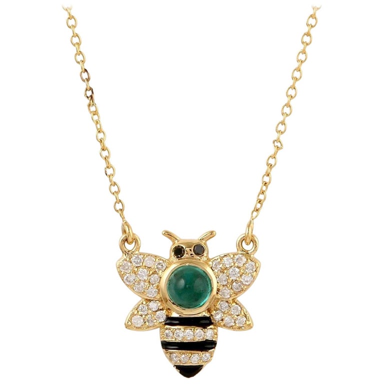 Enamel Emerald Diamond 14 Karat Gold Bumble Bee Pendant Necklace
