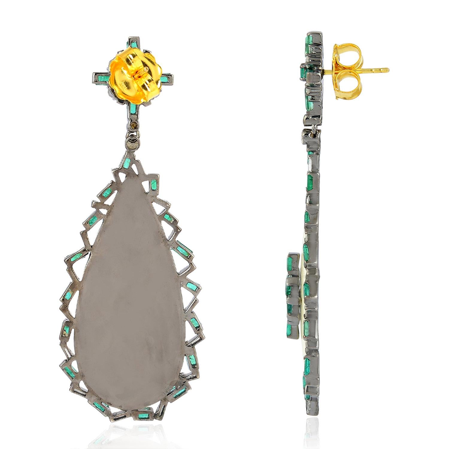 These beautiful enamel earrings are handcrafted in 18-karat gold & sterling silver. It is set in baguette cut 3.92 carats emerald and 1.37 carats of  diamonds.

FOLLOW  MEGHNA JEWELS storefront to view the latest collection & exclusive pieces. 