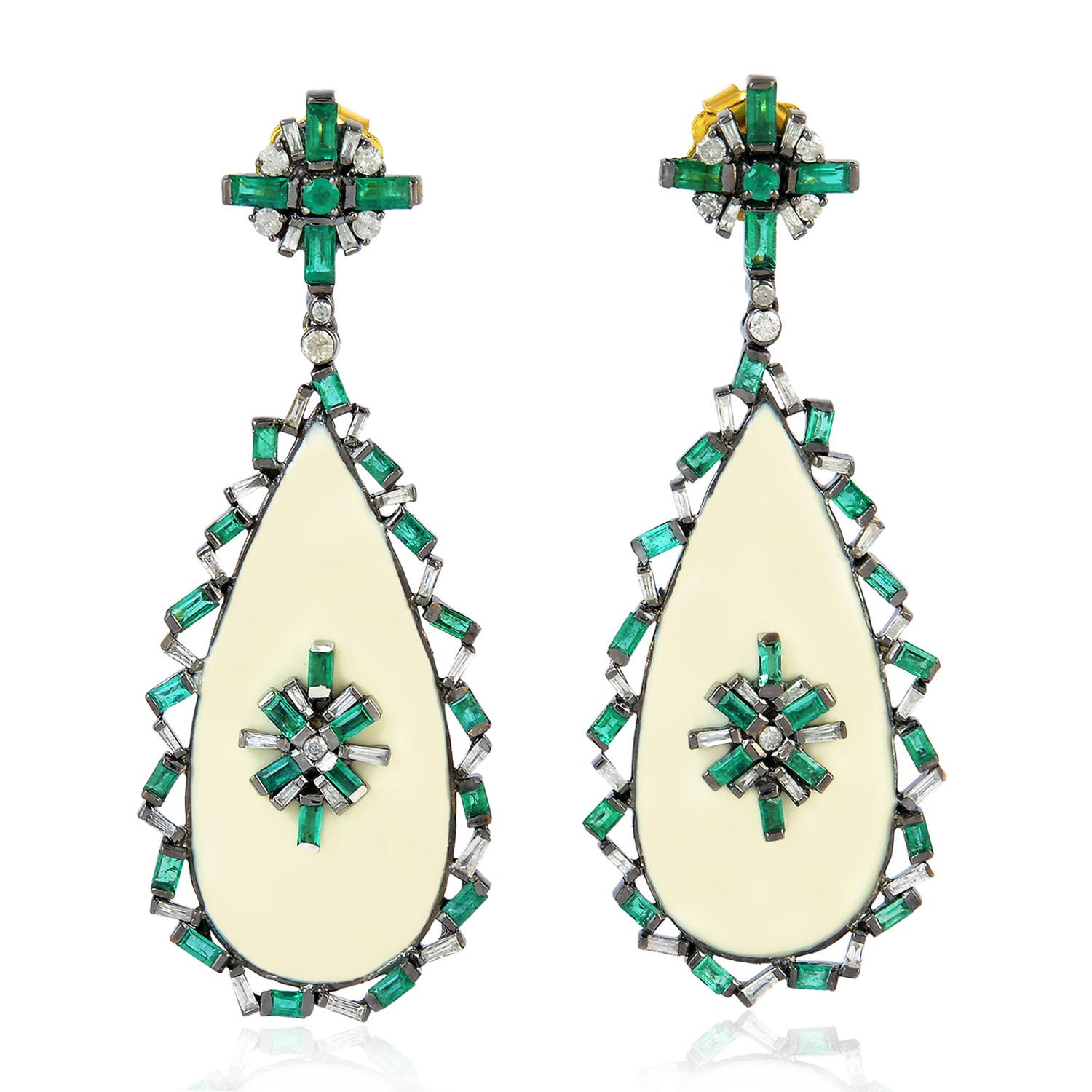 Baguette Cut Emerald Baguette Diamond Enamel Drop Earrings For Sale