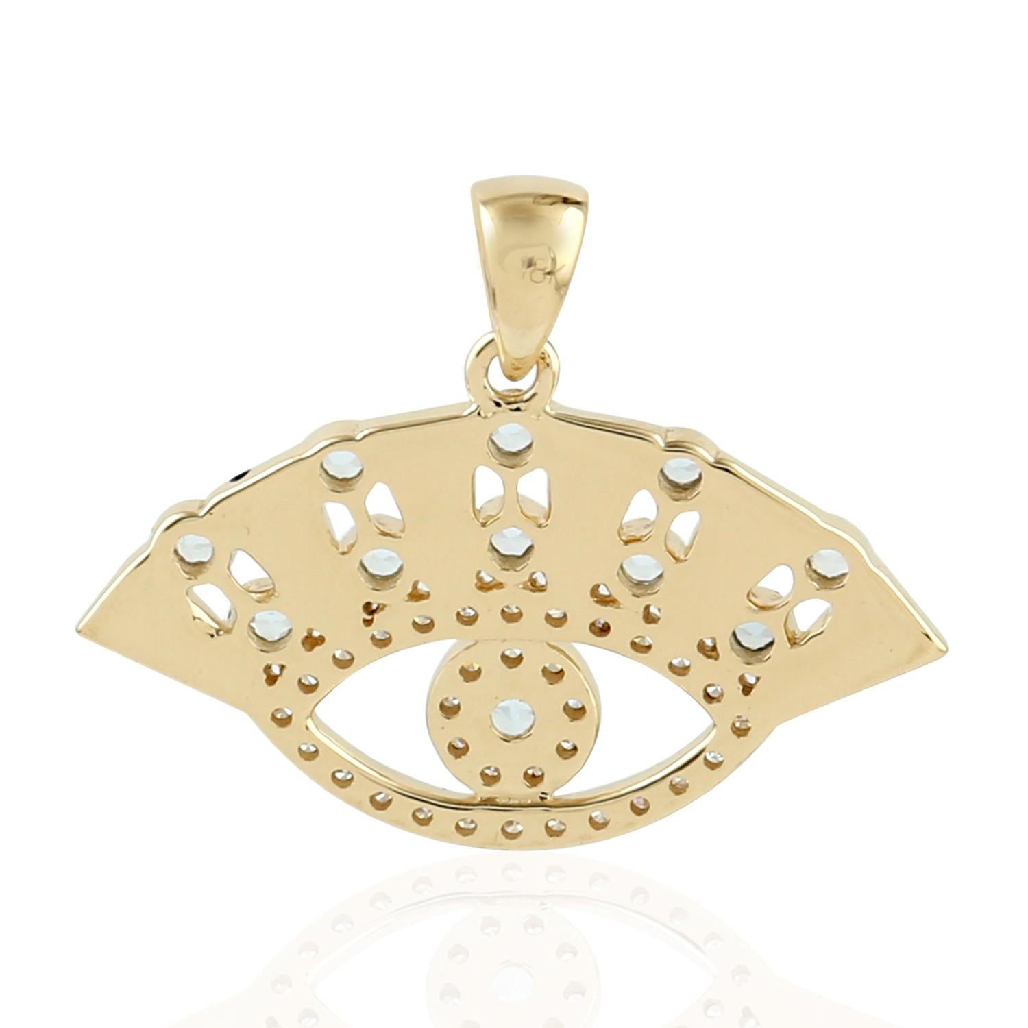 The 14 karat gold enamel pendant is set with .15 carats topaz and .14 carats of shimmering diamonds. Evil Eye symbolizes to ward off negative energy.  It promises to keep you safe and sound, which is the most important thing when it comes to