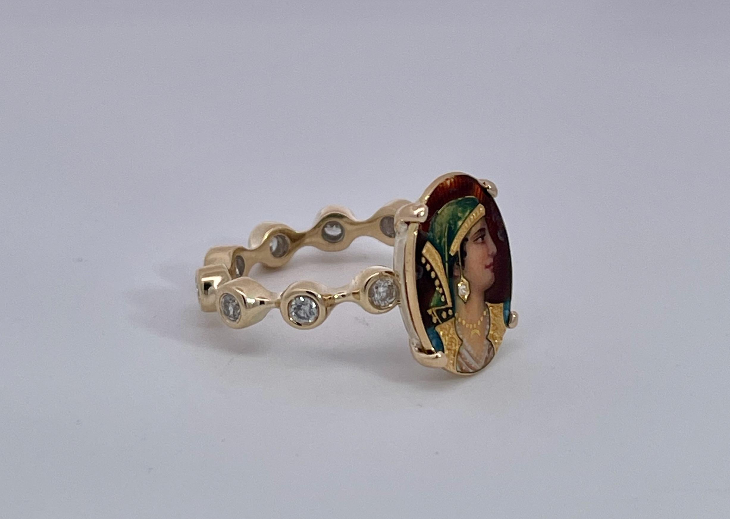 Victorian Enamel Faced Portrait of Athena Ring 14K For Sale