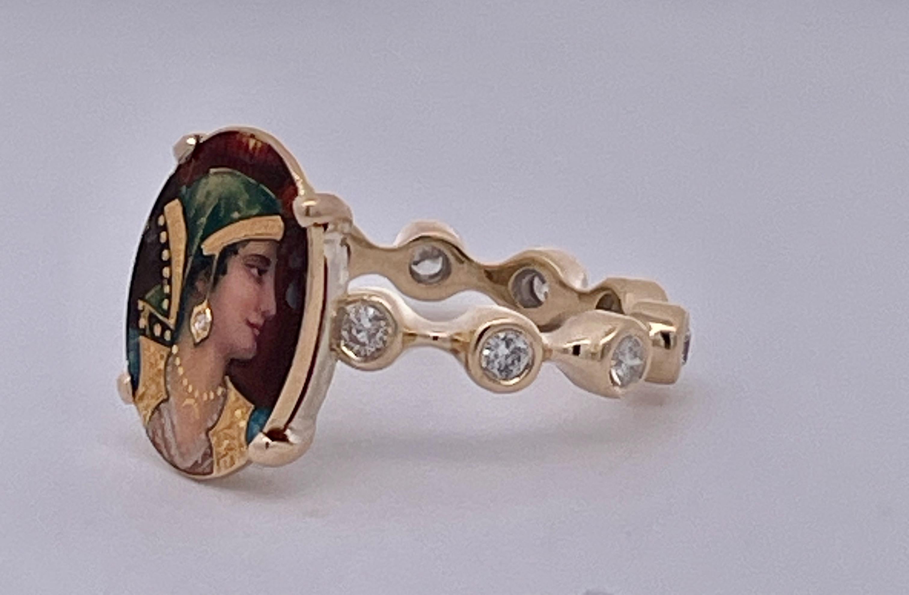 Enamel Faced Portrait of Athena Ring 14K In Good Condition For Sale In North Hollywood, CA