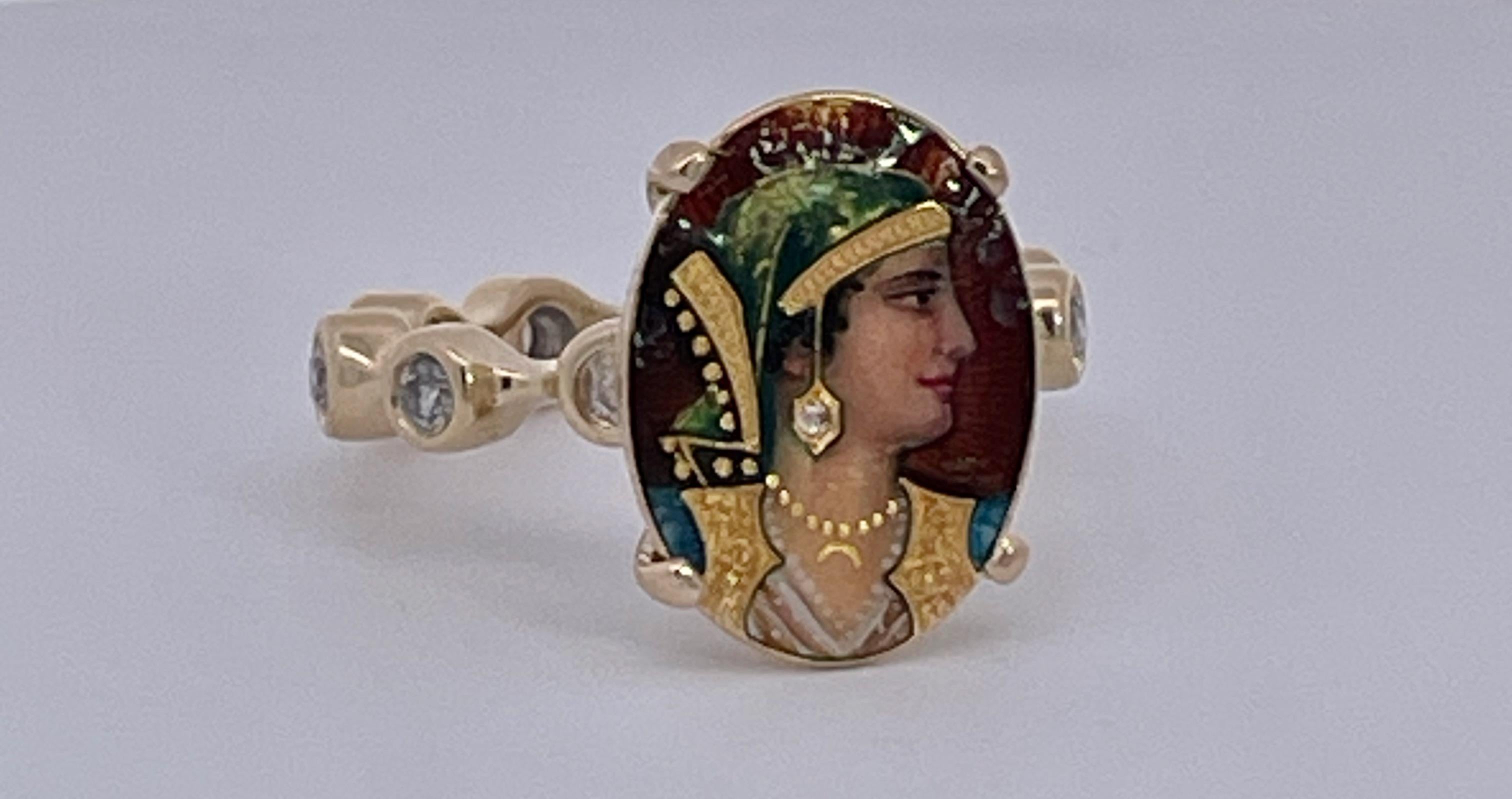 Enamel Faced Portrait of Athena Ring 14K For Sale 2