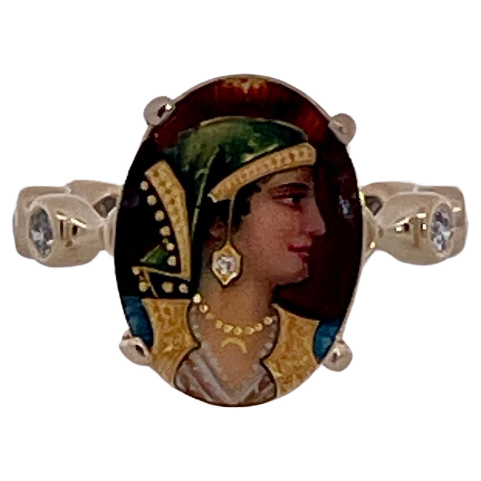 Enamel Faced Portrait of Athena Ring 14K For Sale