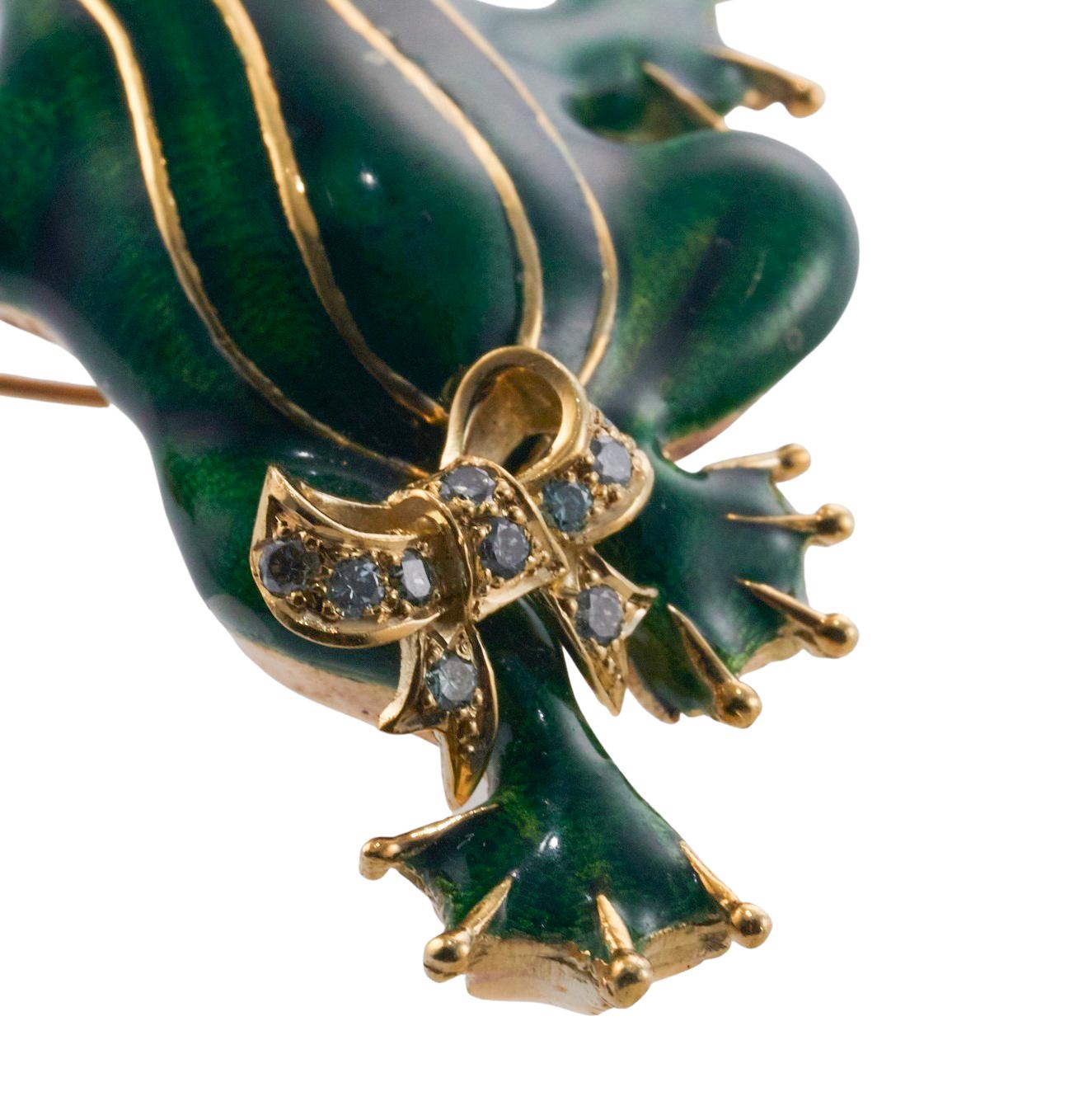 Enamel Fancy Diamond Gold Frog Brooch Pin For Sale 4