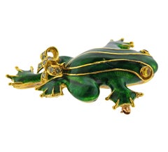 Enamel Fancy Diamond Gold Frog Brooch Pin
