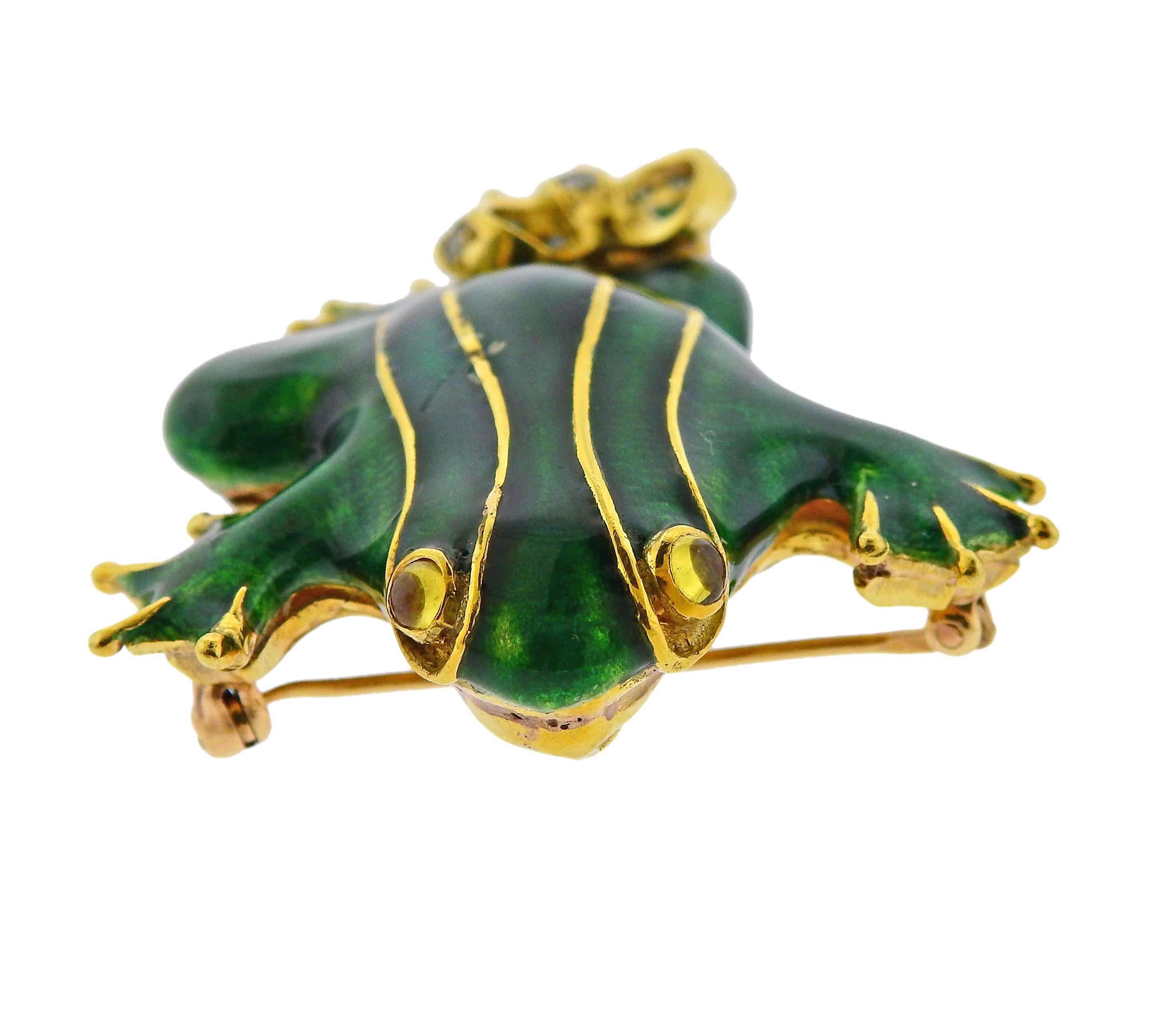 Enamel Fancy Diamond Gold Frog Brooch Pin In Excellent Condition In New York, NY