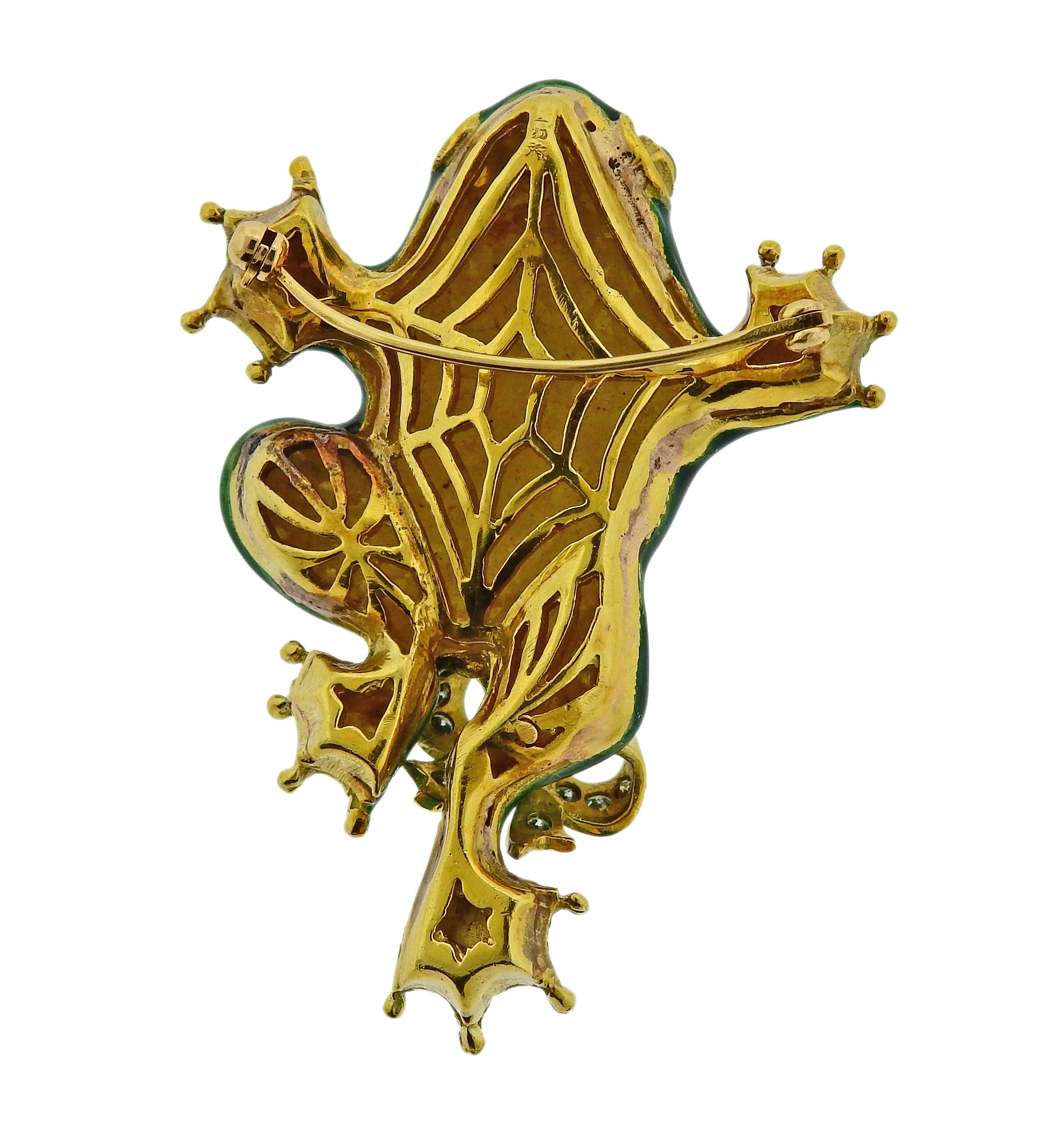 Round Cut Enamel Fancy Diamond Gold Frog Brooch Pin For Sale