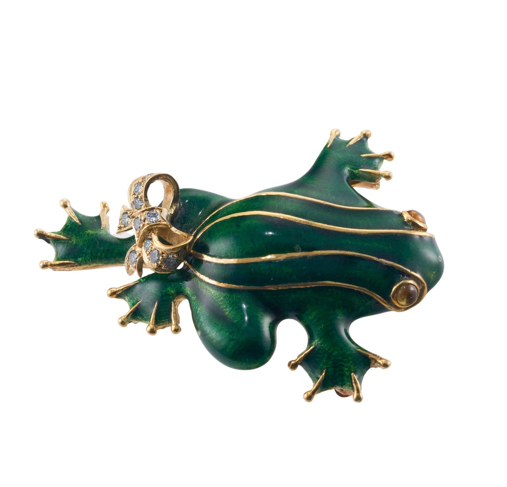 Women's Enamel Fancy Diamond Gold Frog Brooch Pin For Sale