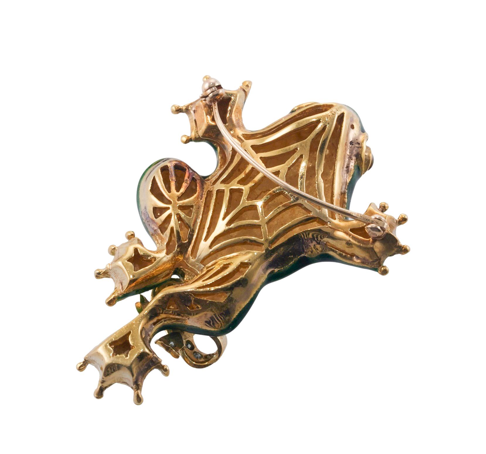 Enamel Fancy Diamond Gold Frog Brooch Pin For Sale 2