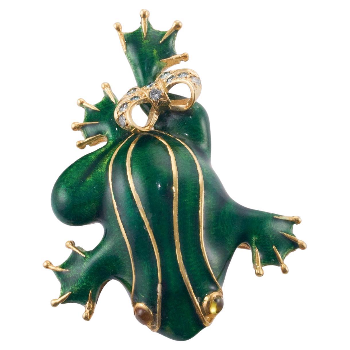 Enamel Fancy Diamond Gold Frog Brooch Pin For Sale