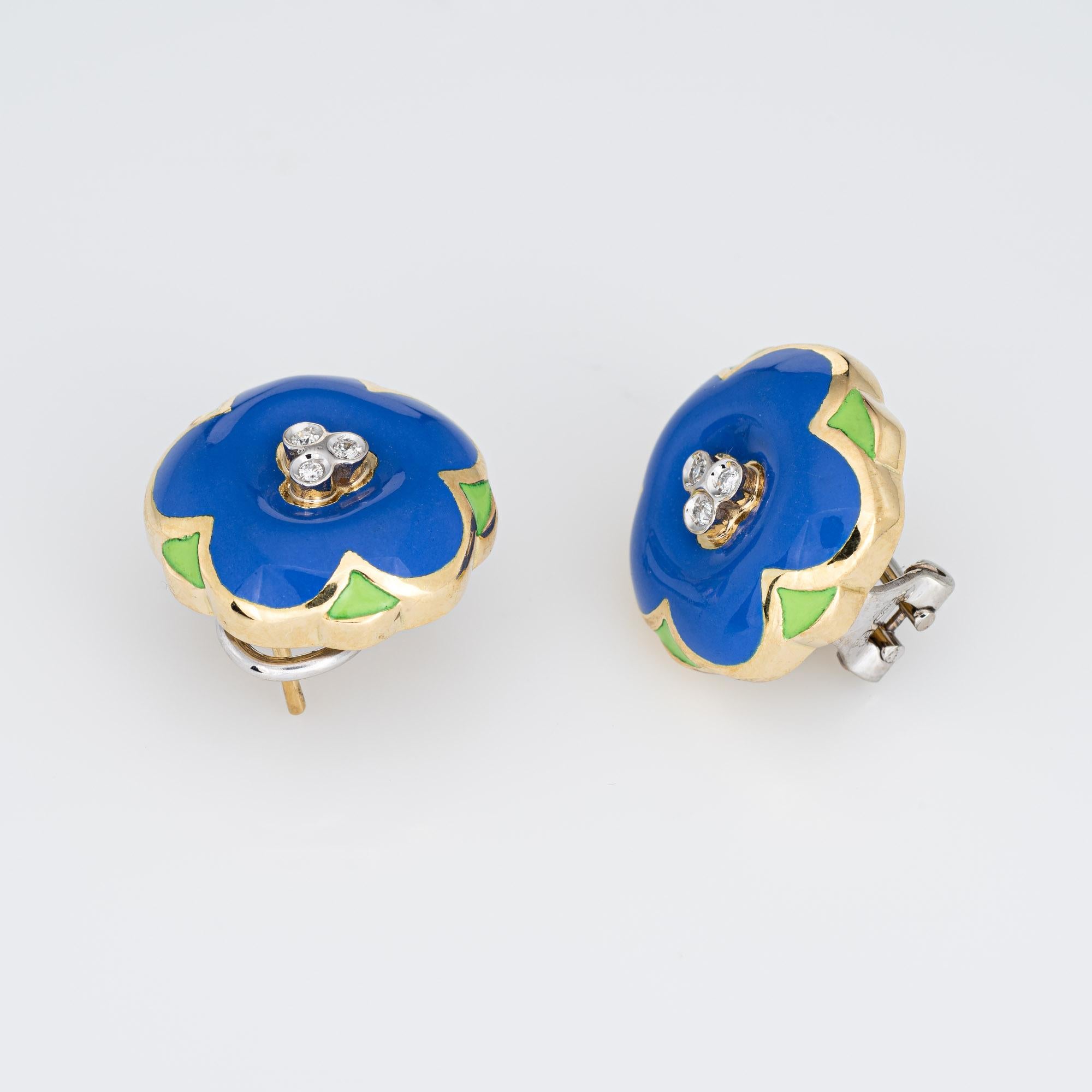 Elegant pair of vintage enamel diamond flower earrings crafted in 18k yellow gold. 

Six diamonds total an estimated 0.06 carats (estimated H-I color and SI1-2 clarity).  

The charming earrings feature purple and green enamel petals with diamonds