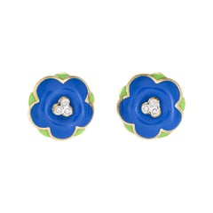 Boucles d'oreilles fleurs boutons vintage en or jaune 18 carats avec émail et diamants