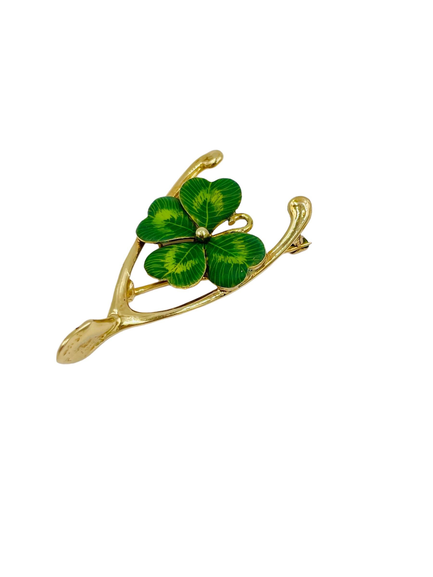 Art Nouveau Enamel Four Leaf Clover Wishbone Brooch