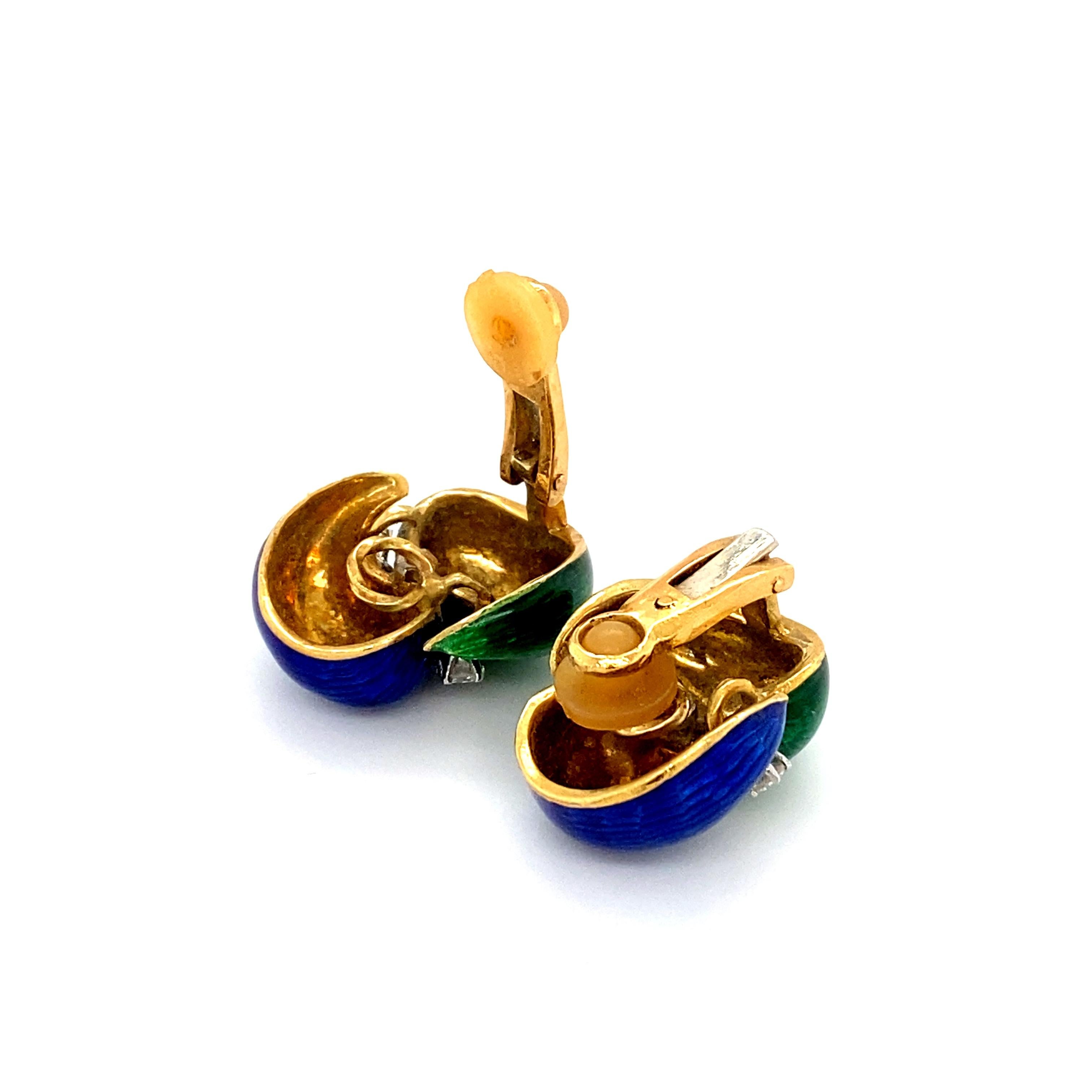 Retro Enamel French Clip Earrings with Diamond in 18 Karat Gold