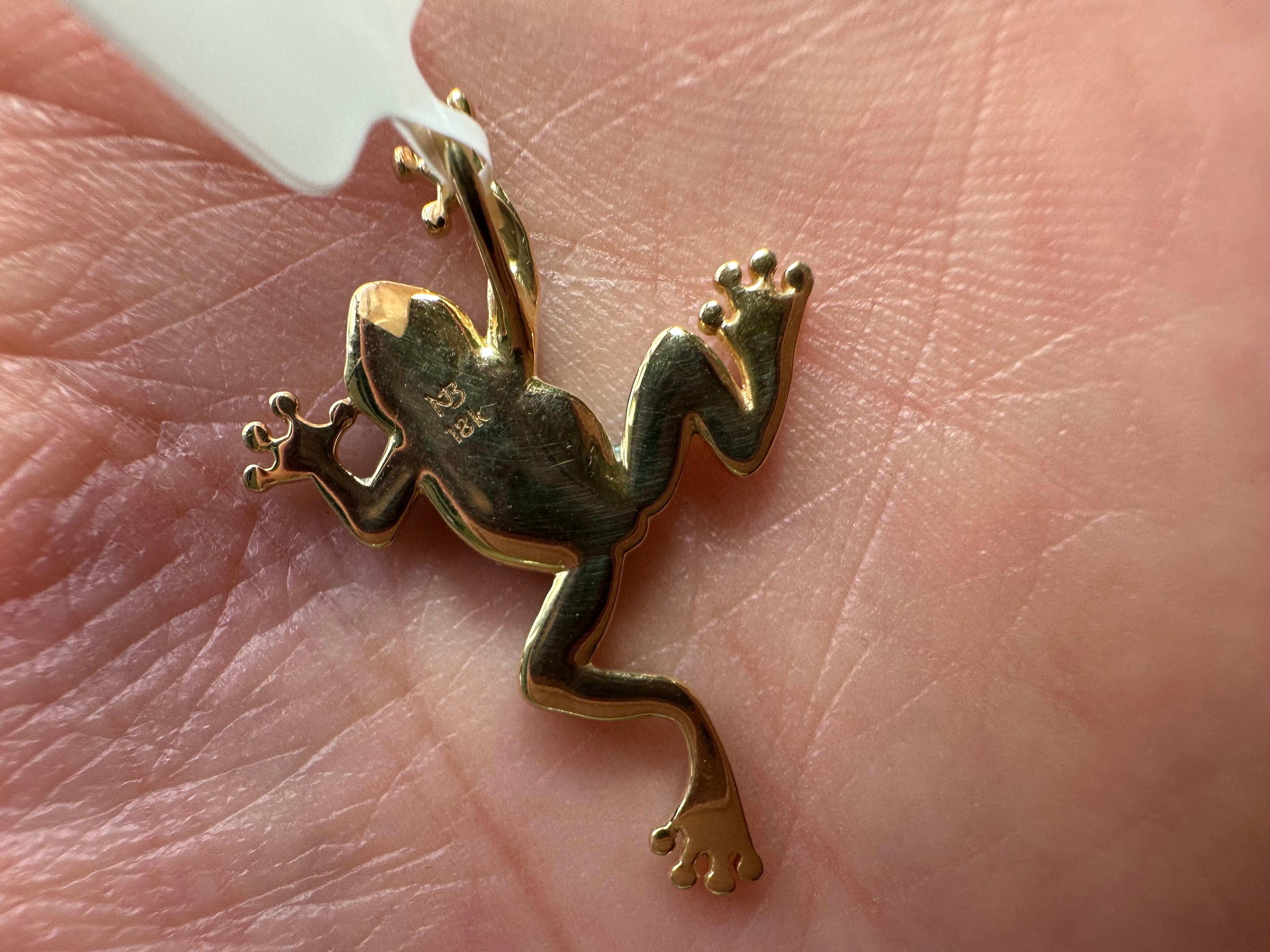 Exquisite green frog made with solid 18KT gold and complex multi color enamel artwork. Comes with 18