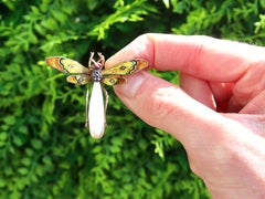 Enamel Garnet 0.10 Carat Diamond Pearl and 12k Yellow Gold Dragonfly Brooch