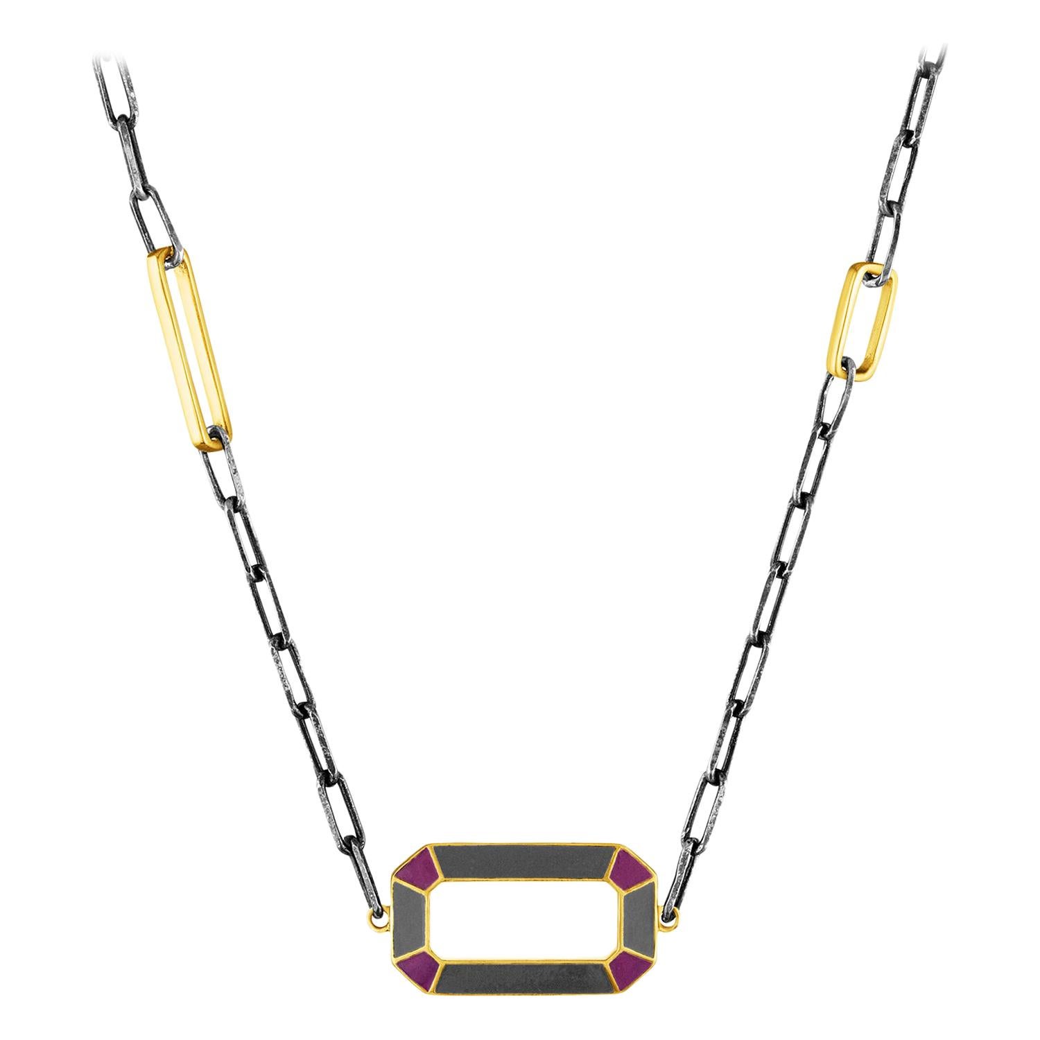 Enamel Geometric Double Sided Silver and 14 Karat Gold Chain Necklace
