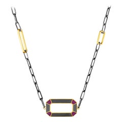 Enamel Geometric Double Sided Silver and 14 Karat Gold Chain Necklace