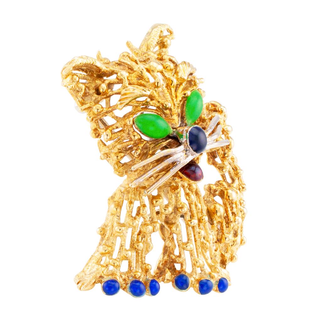 Enamel and gold cat brooch circa 1970. The whimsical design depicts a very excited, happy cat, its eyes, nose and tongue colored with enamel, with beaded open work throughout the head, body and tail, bright blue enameled toenails, crafted in