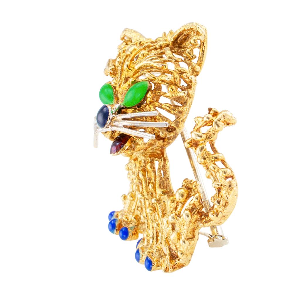 Modern Enamel Gold Cat Brooch
