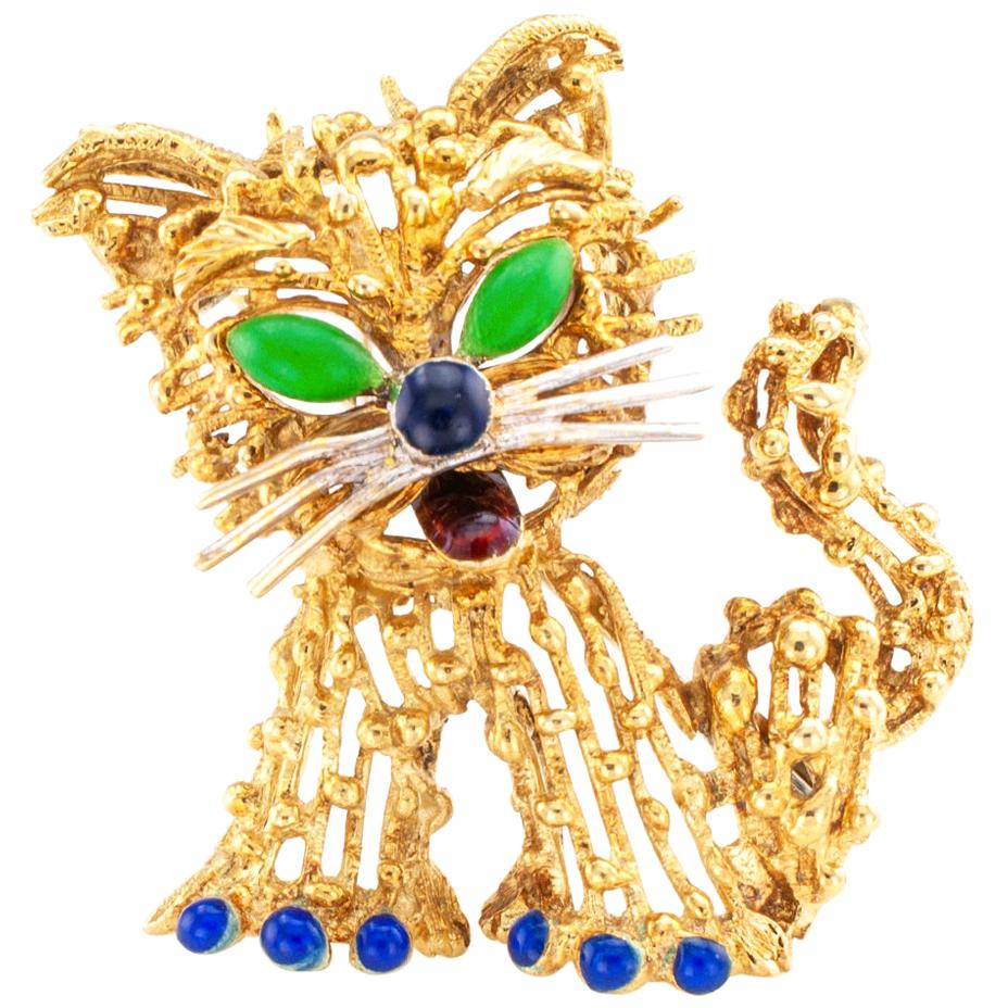 Enamel Gold Cat Brooch