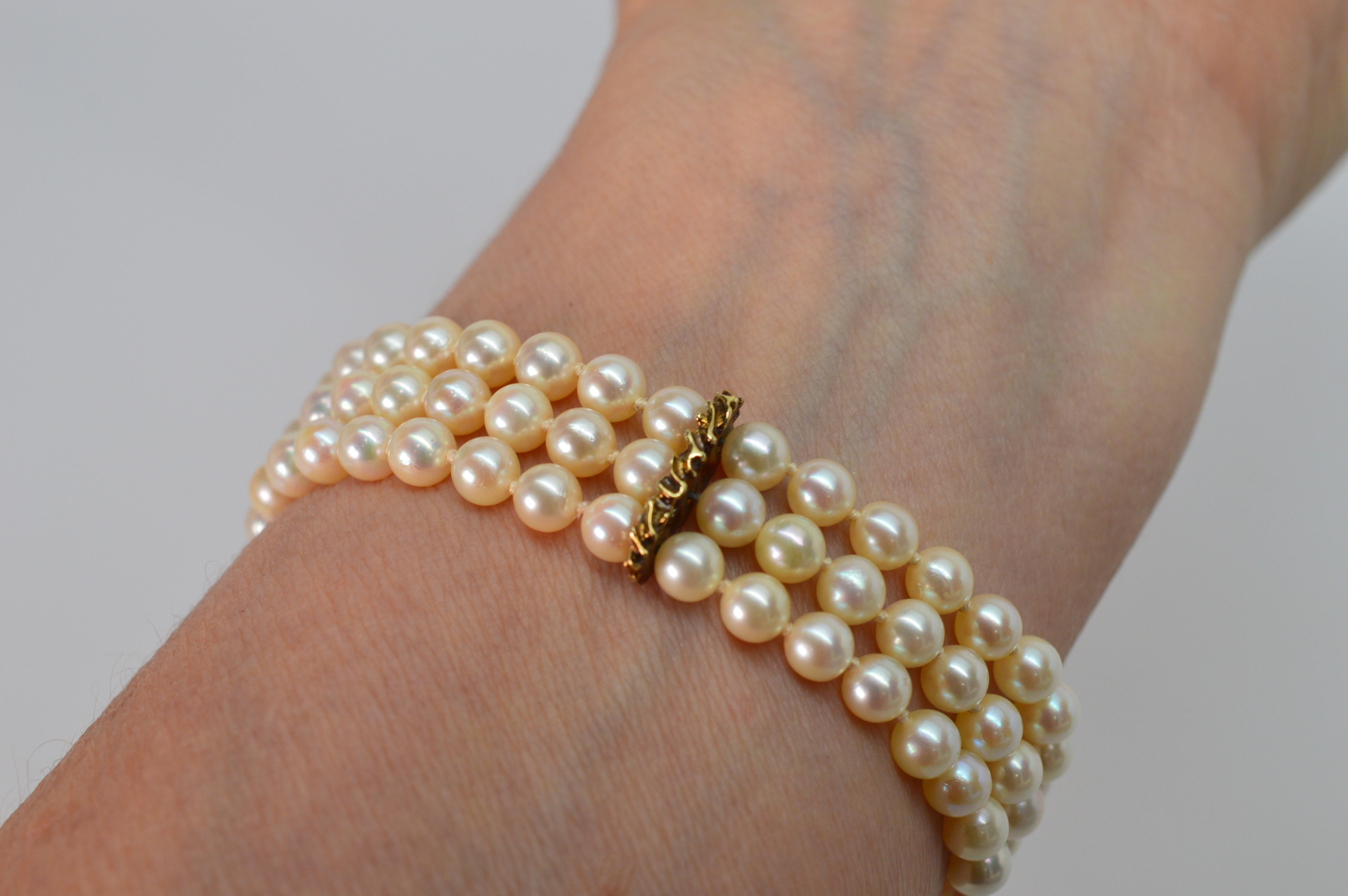Enamel and Gold Charm Pearl Bracelet with Diamond Accent For Sale 6