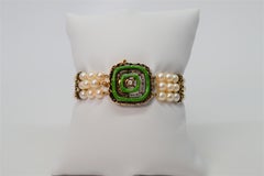 Vintage Enamel Gold Charm Pearl Bracelet with Diamond Accent