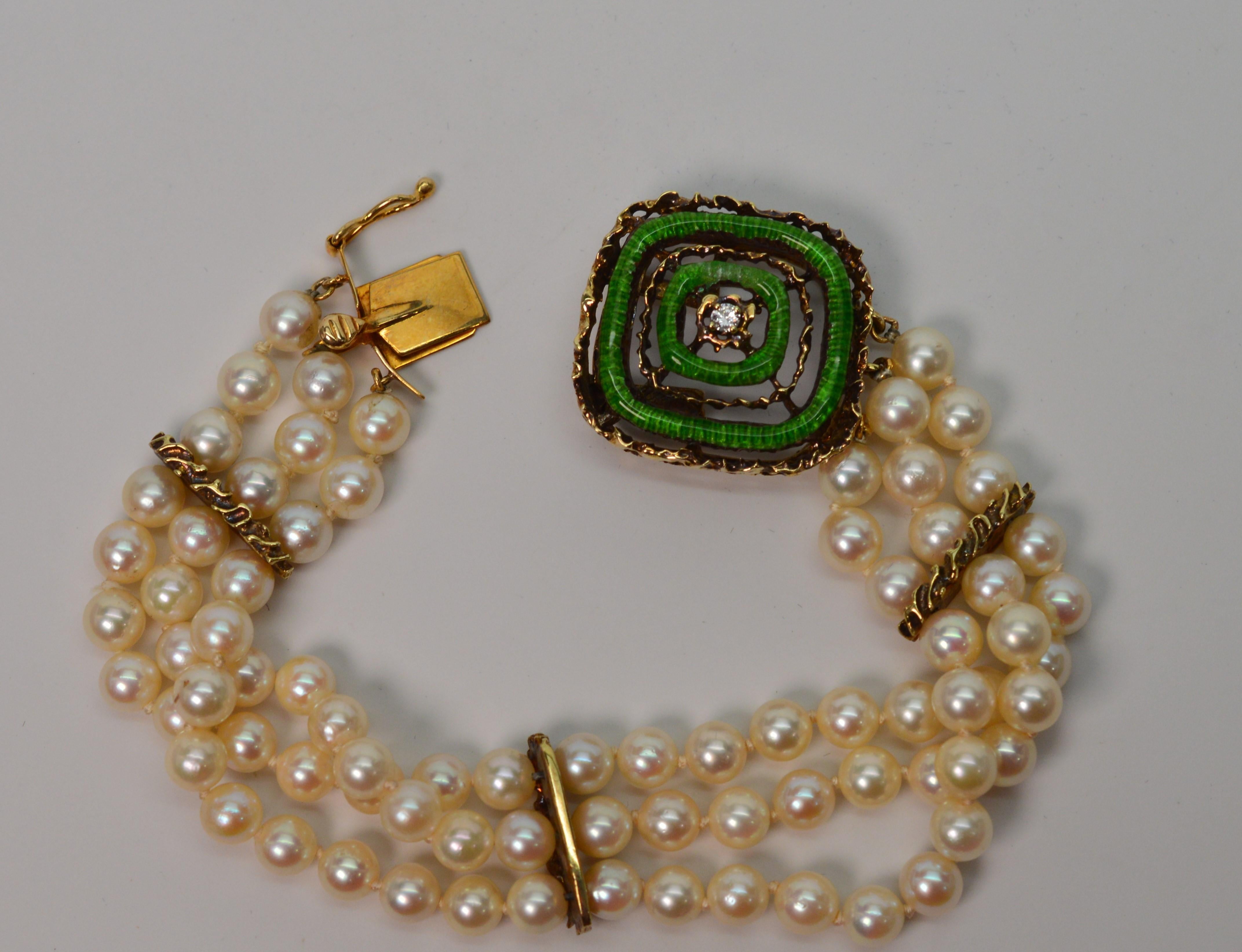 Emaille- und Gold-Perlenarmband mit Diamant-Akzent Damen im Angebot