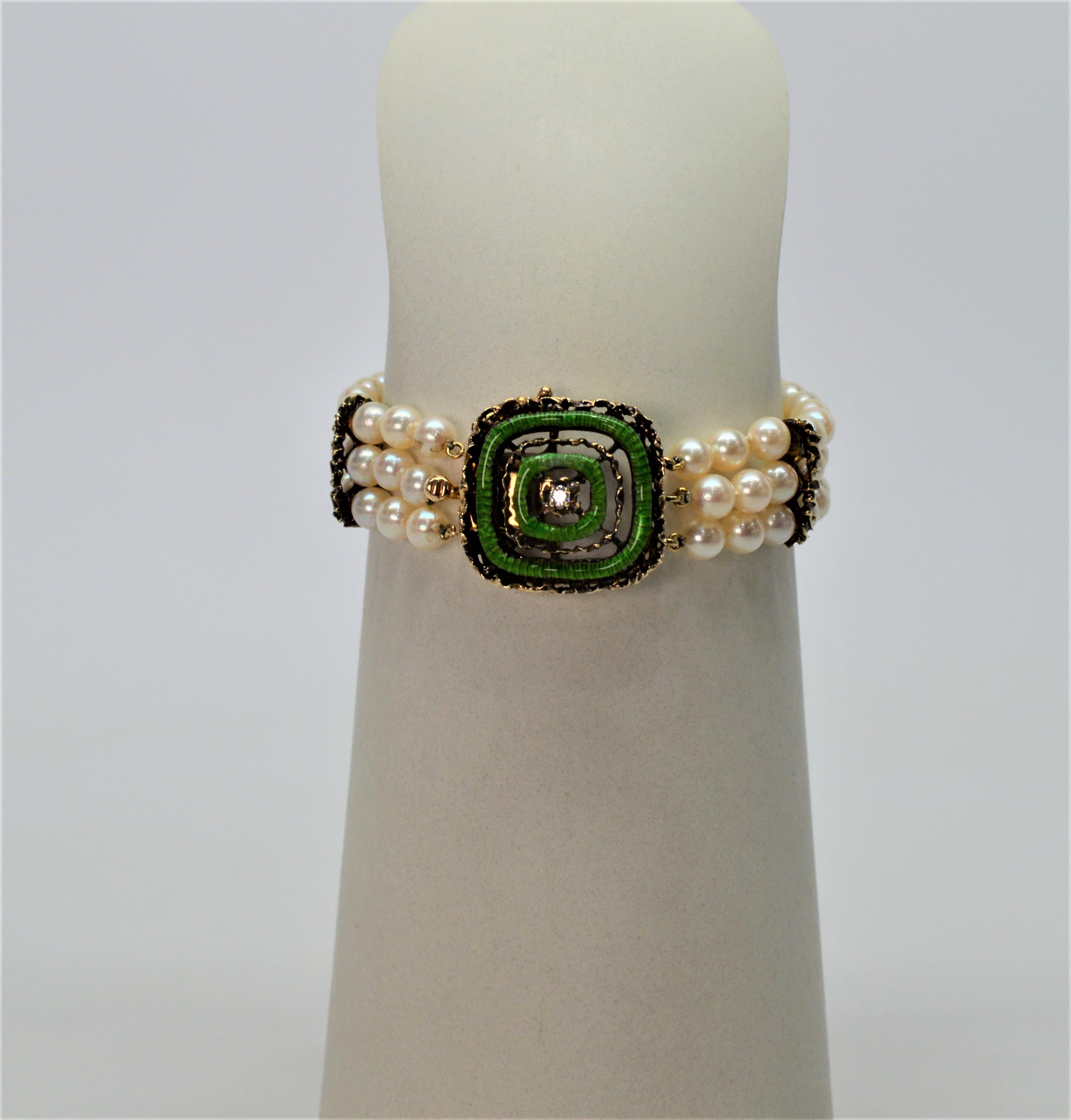 Enamel and Gold Charm Pearl Bracelet with Diamond Accent For Sale 4