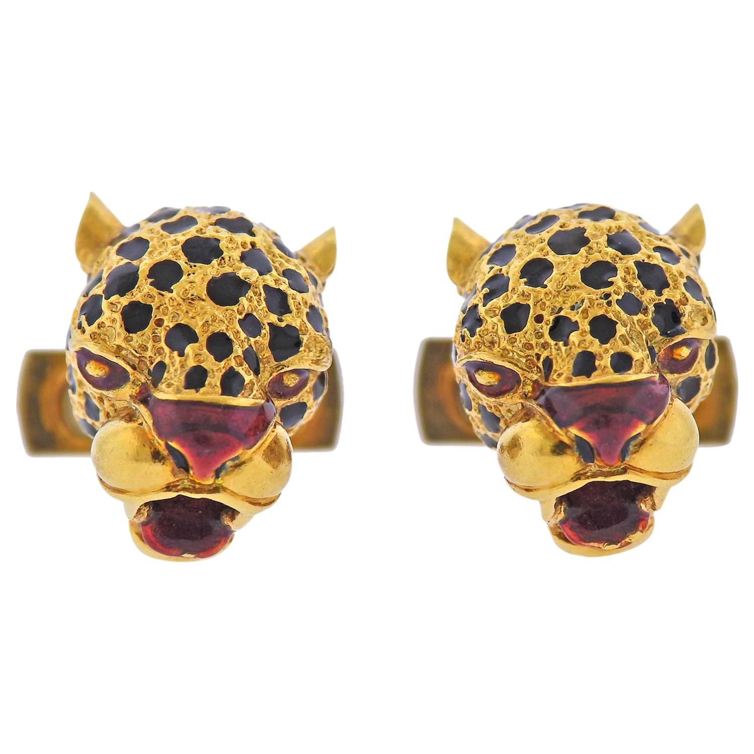 Boutons de manchette Jaguar en émail doré en vente