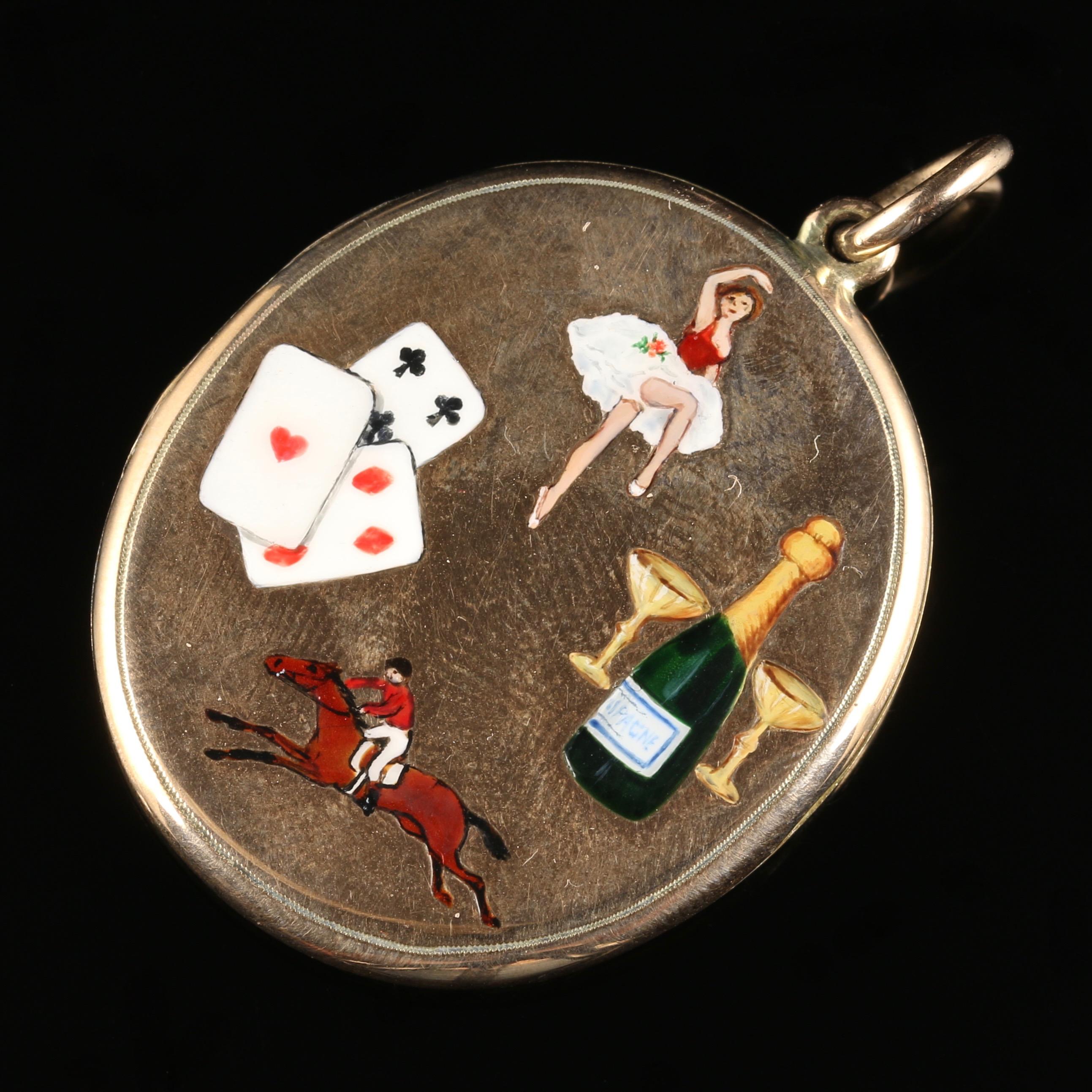 For more details please click continue reading down below...

This is one of the most collectable enamel Gold lockets you will ever see!

Circa 1900

This beautifully crafted 10ct Gold locket depicts in a fanciful way the vices of men Playing cards,