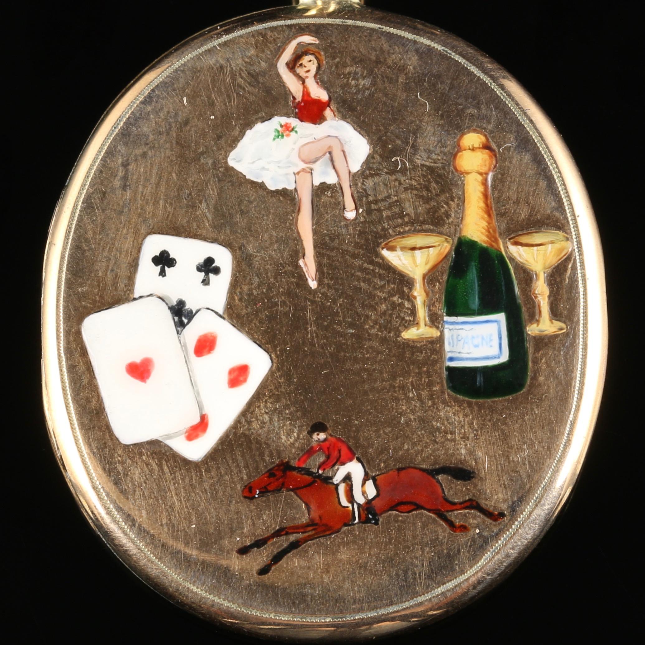 Victorian Enamel Gold Locket Collectable the Four Vices Cards Gambling Women Sport