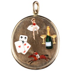 Antique Enamel Gold Locket Collectable the Four Vices Cards Gambling Women Sport