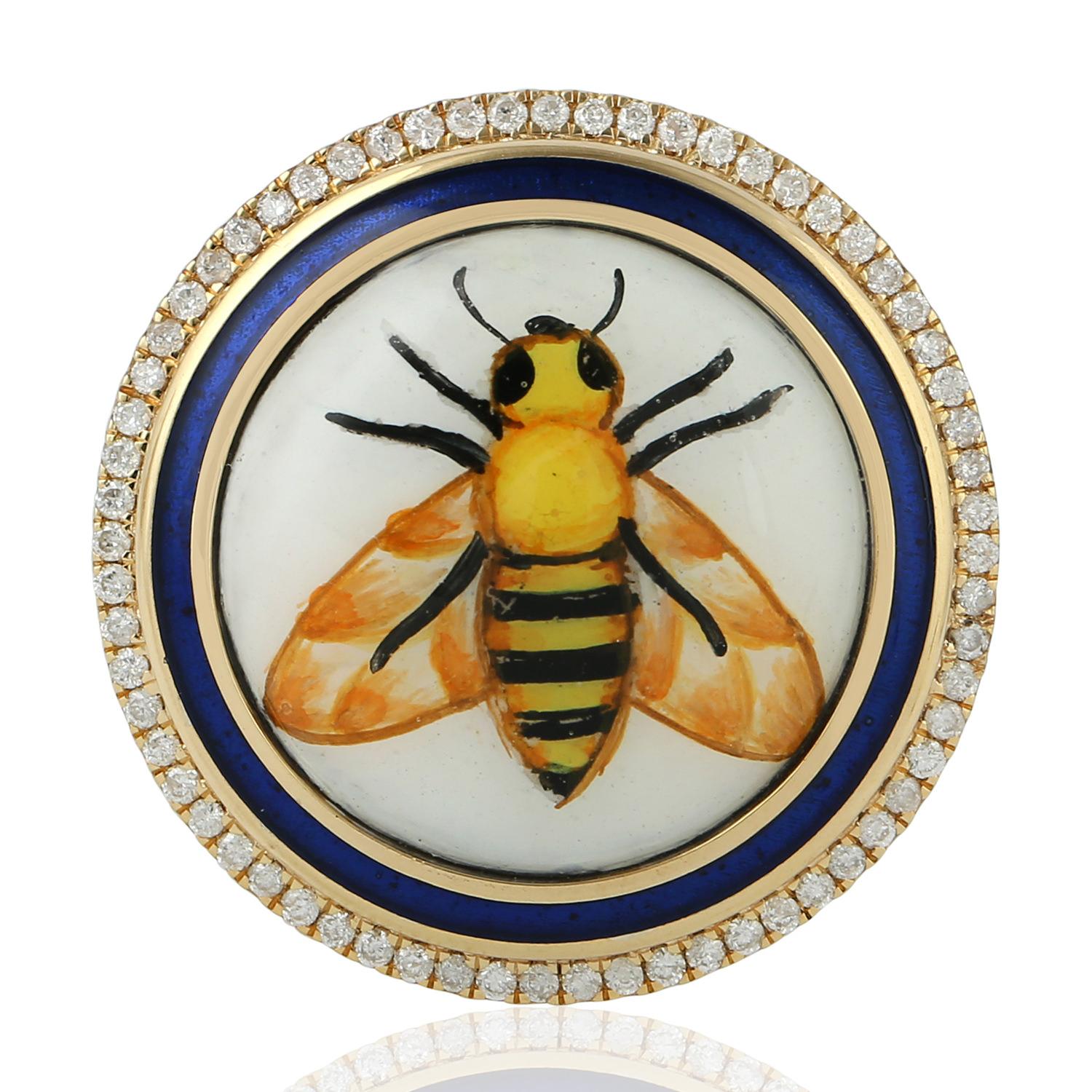 Enamel Hand Painted 18 Karat Gold Bee Diamond Earrings In New Condition For Sale In Hoffman Estate, IL