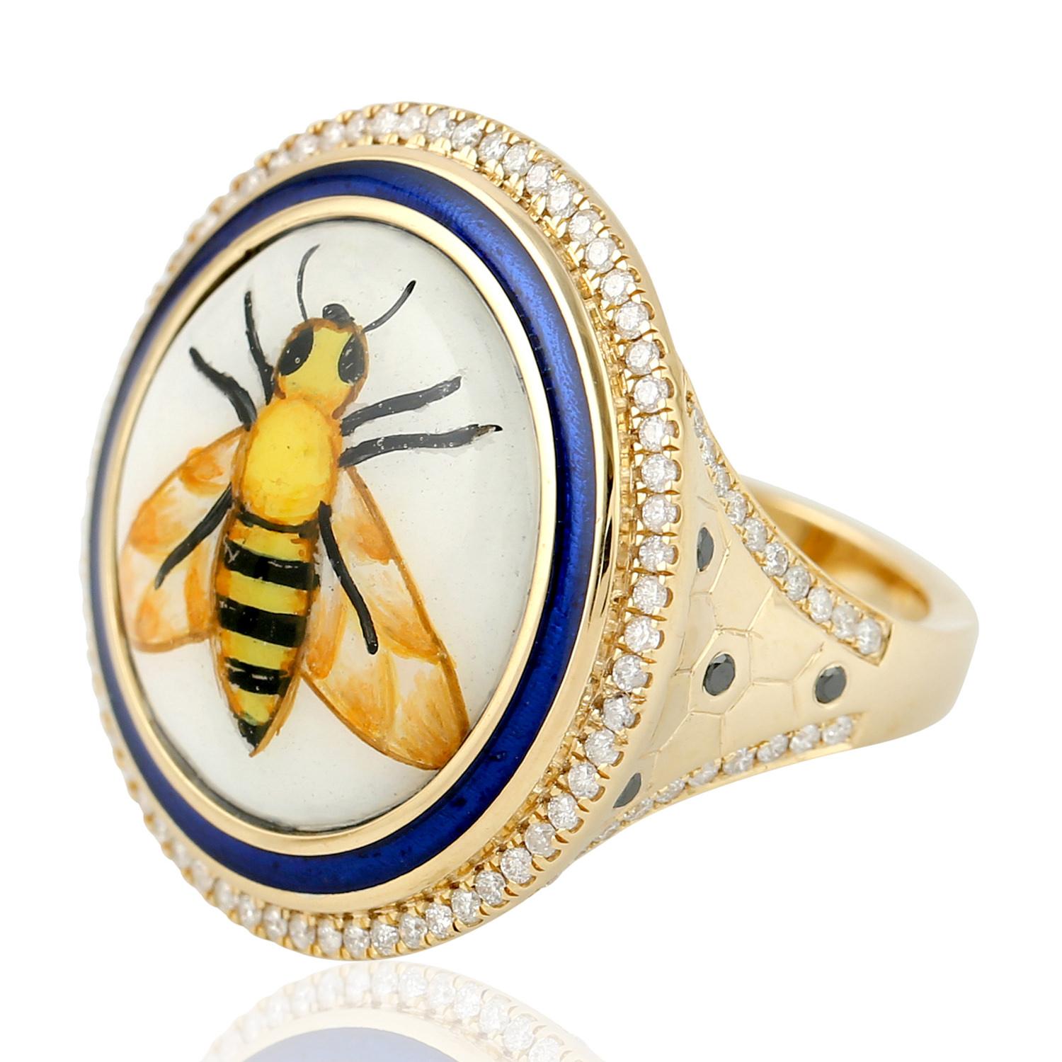 Boucles d'oreilles en forme d'abeille en or 18 carats et émail peint à la main avec diamants Pour femmes en vente