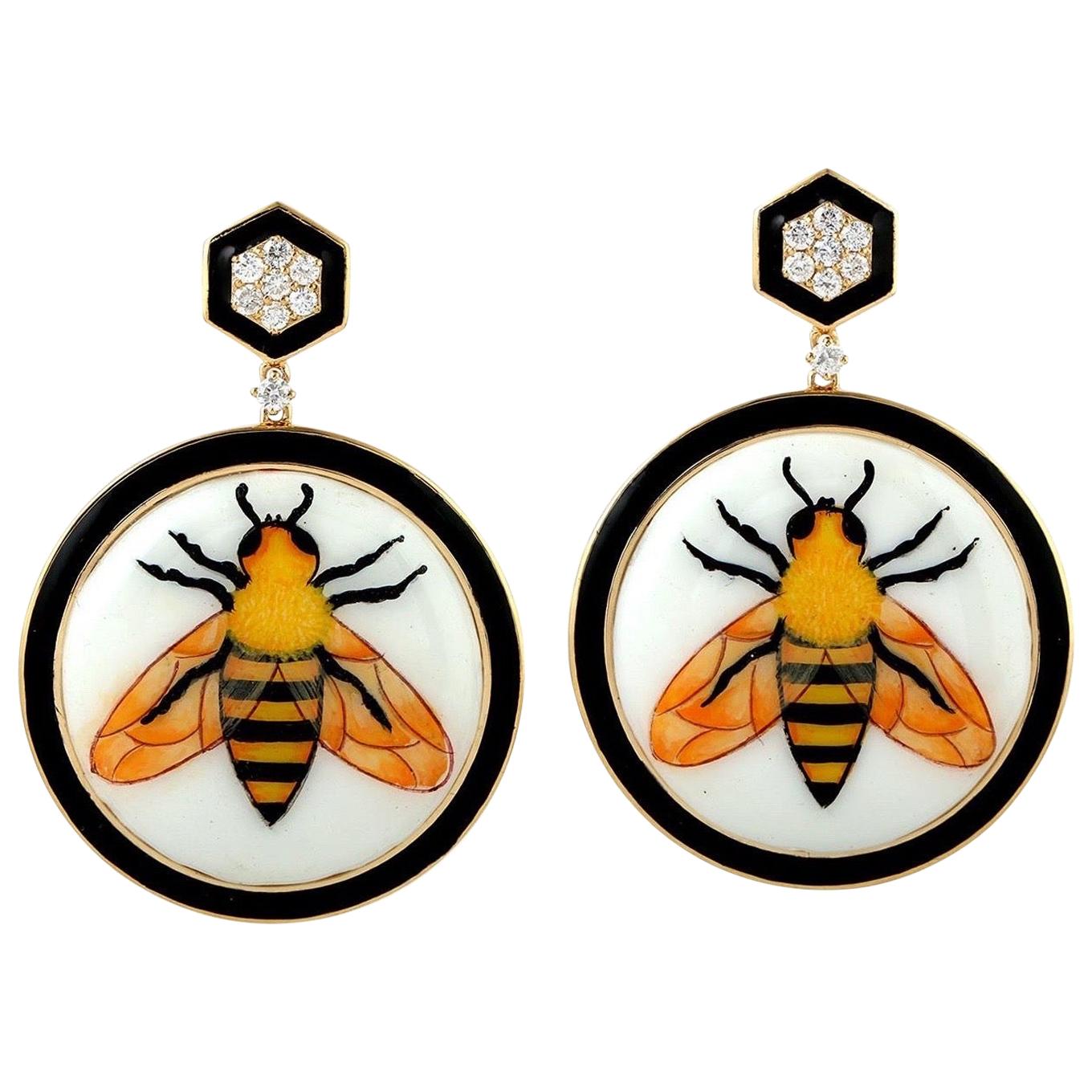 Enamel Hand Painted 18 Karat Gold Bee Diamond Earrings