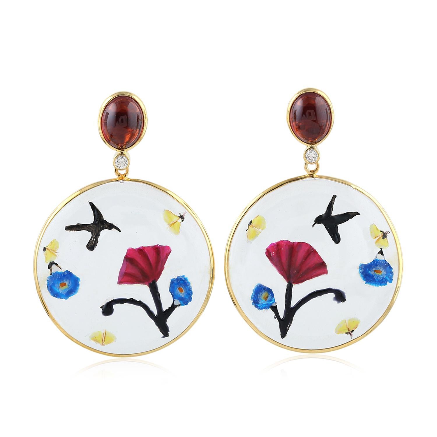 Round Cut Enamel Hand Painted Garnet Diamond 18 Karat Gold Earrings For Sale