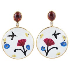 Enamel Hand Painted Garnet Diamond 18 Karat Gold Earrings