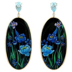 Enamel Hand Painted Blue Flower 18 Karat Gold Diamond Earrings