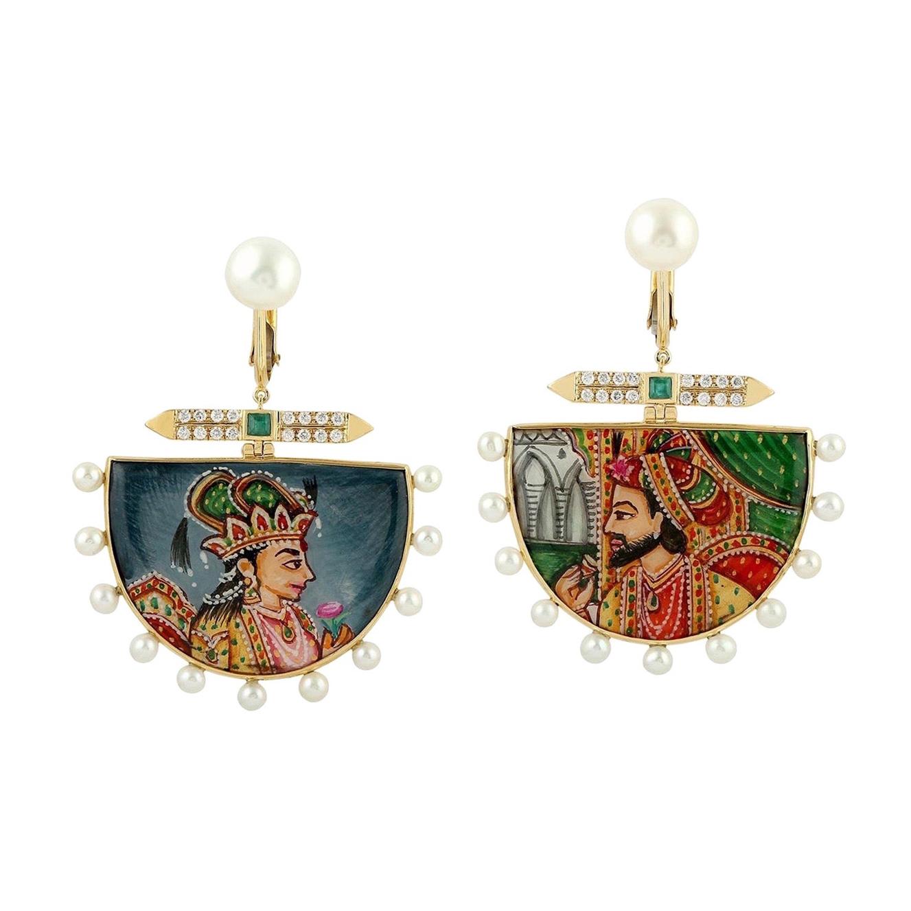 Enamel Hand Painted Diamond Emerald Maharaja 14 Karat Gold Earrings For Sale