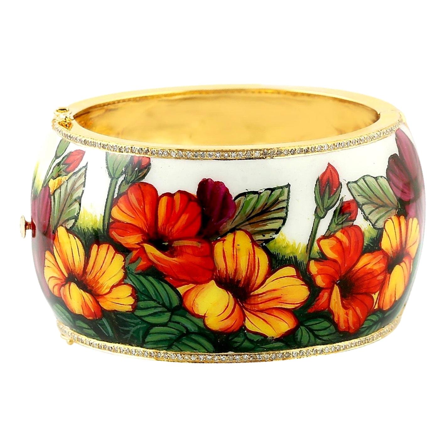 Enamel Hand Painted Diamond Floral Bangle Bracelet For Sale