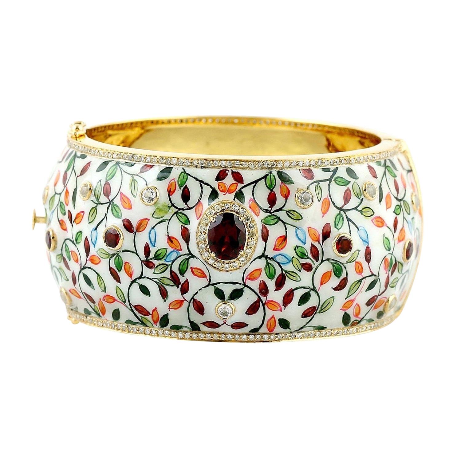 Enamel Hand Painted Garnet Diamond Bangle Bracelet Cuff For Sale