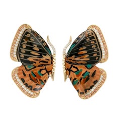 Enamel Hand Painted Diamond Butterfly 14K Gold Earrings