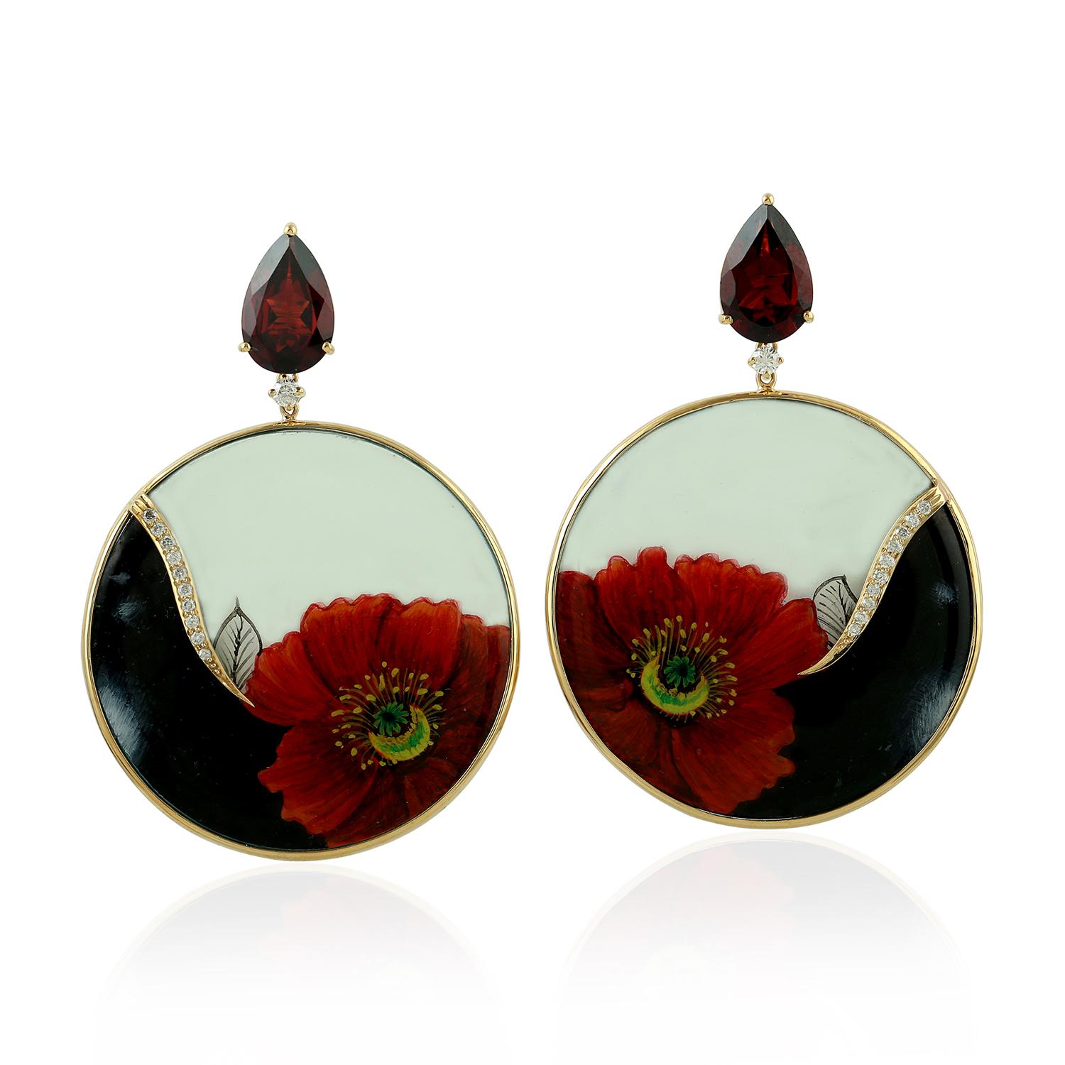 Artisan Enamel Hand Painted Garnet Diamond Flower Earrings For Sale