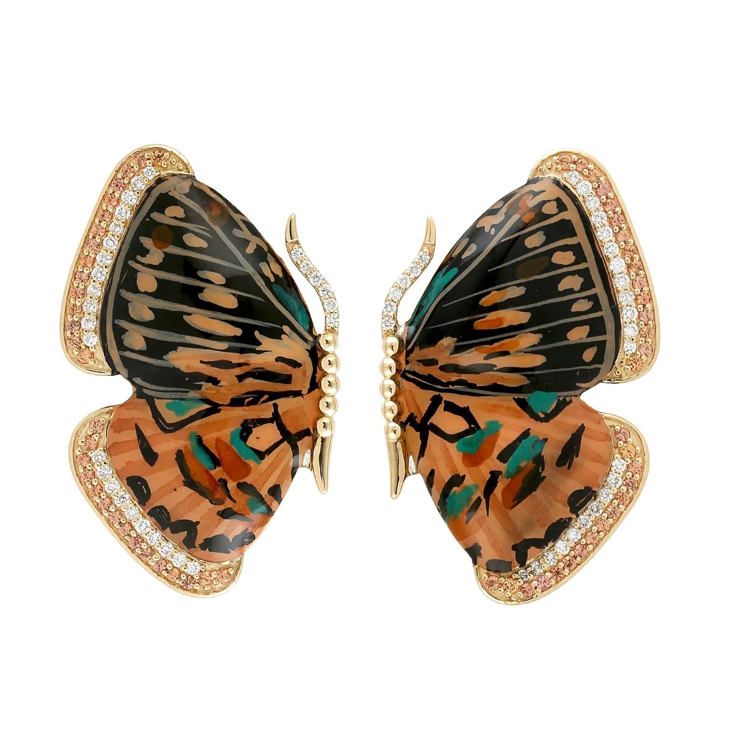 Artisan Boucles d'oreilles en émail peint à la main avec diamant et papillon en or 18K en vente