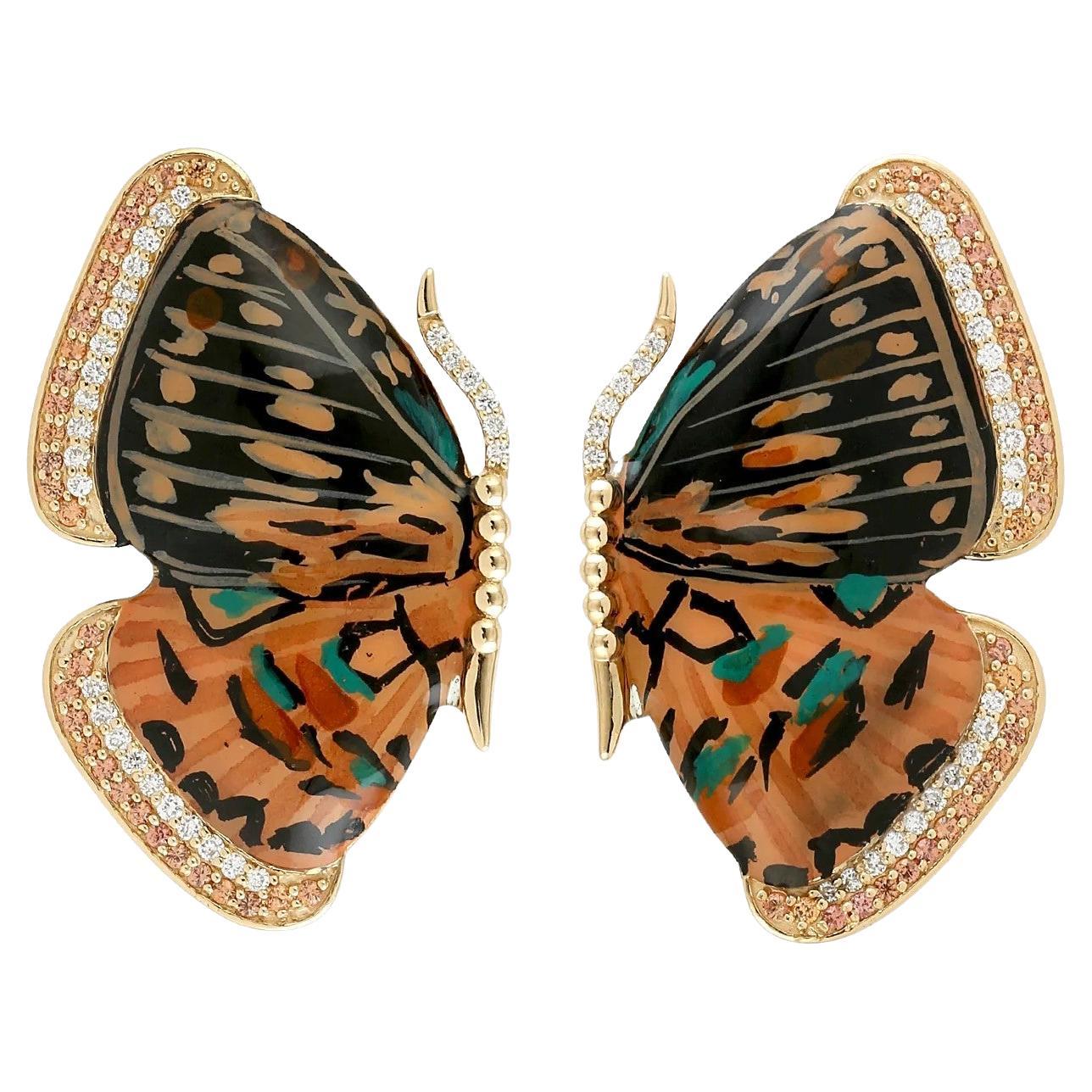 Boucles d'oreilles en émail peint à la main avec diamant et papillon en or 18K en vente