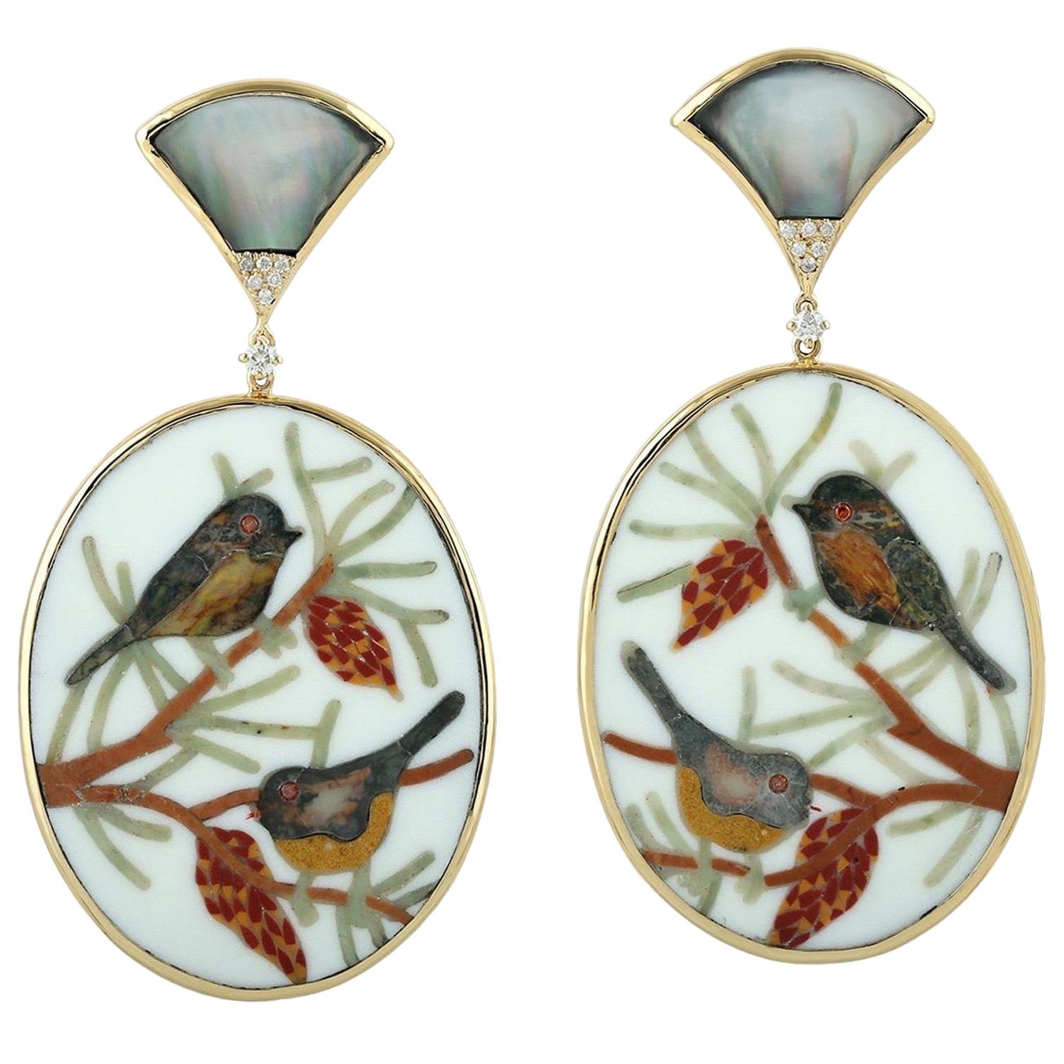 Enamel Hand Painted Mother of Pearl Diamond Sparrow Earrings For Sale